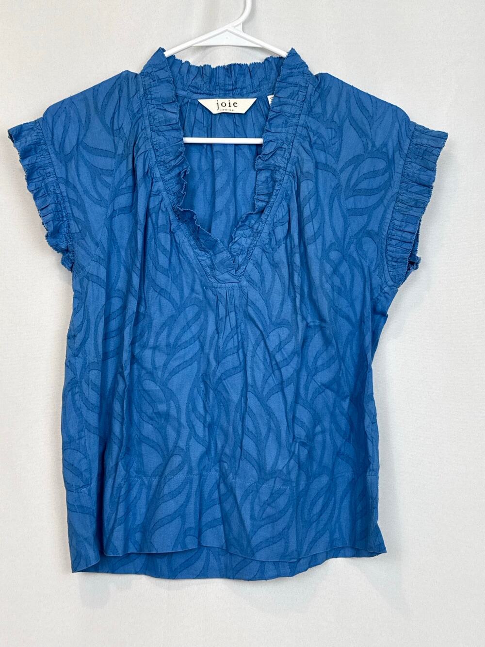 Joie 100% Cotton Ruffle Blouse XXS Cobalt Blue Botanical Cap Sleeve